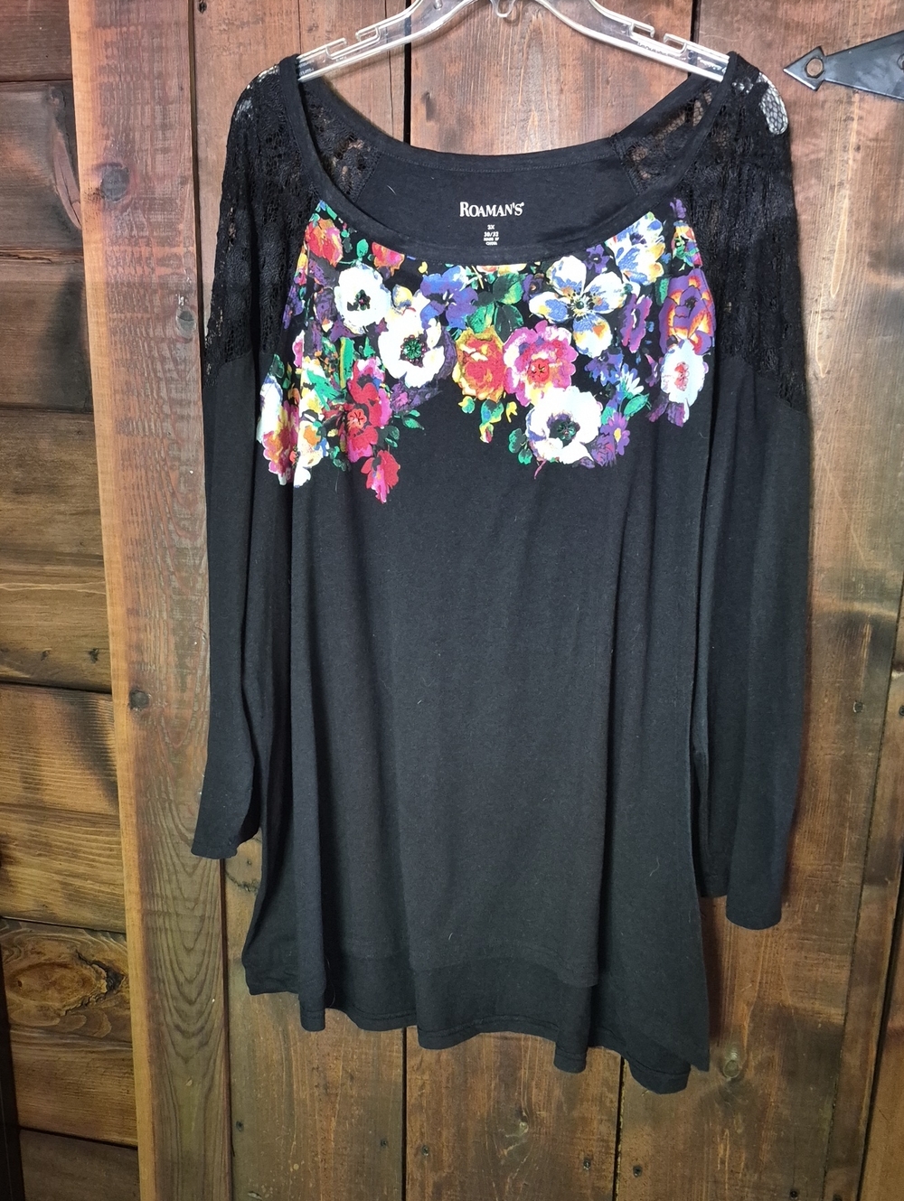 Roaman's Black Long-Sleeve Top with Multicolor Floral Yoke and Lace Shoulders